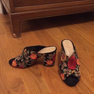 Embroidered block heel mules